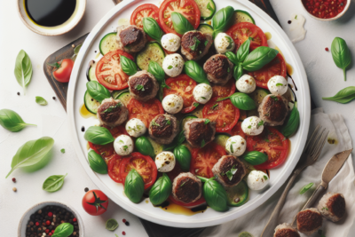 Ensalada Caprese con Albondigas de Pavo Receta de ensalada Caprese con albóndigas de pavo para una cena ligera