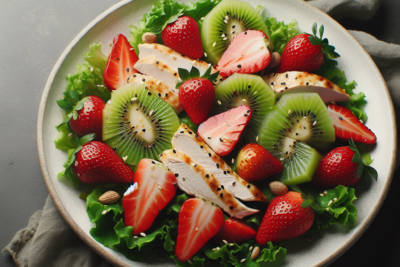 Ensalada de Kiwi y Fresa con Pollo Receta Exquisita: Ensalada de Kiwi y Fresa con Pollo - ¡Saludable y Deliciosa!
