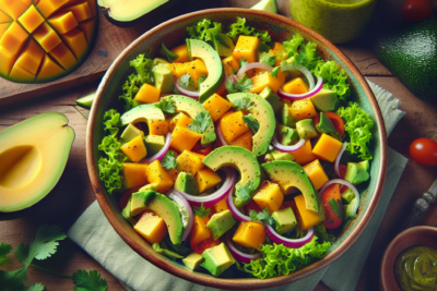 Ensalada de Mango y Aguacate con Aderezo de Cilantro Receta Imperdible: Ensalada de Mango y Aguacate con Aderezo de Cilantro - Ideal para un Almuerzo Saludable