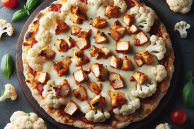 Pizza de Pollo BBQ con Base de Coliflor Receta Exquisita: Pizza de Pollo BBQ con Base de Coliflor - La Mejor opción Saludable y Deliciosa